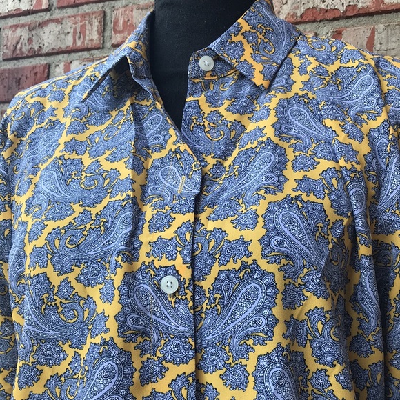 🚨B2G1 MICHAEL MICHAEL KORS Satin Gold & Blue Print Long Sleeved Buttoned Blouse - Picture 3 of 7